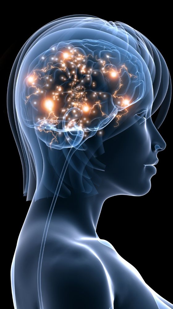 Image of woman and brain with brain lit up with lights