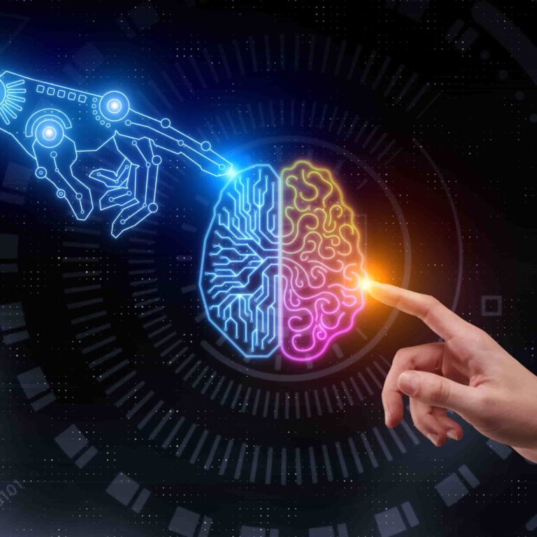Brain in the center with one artificial intelligence hand and one human hand touching it.